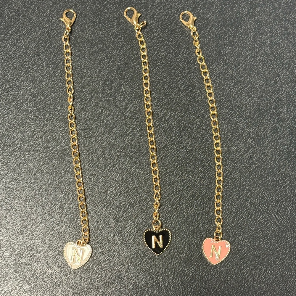 Gold Heart Initial “N” Charms; Pink, White, and Black